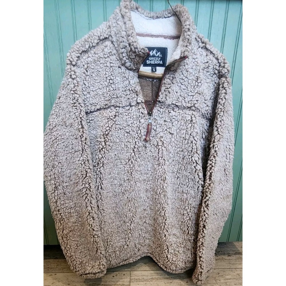 Grizzly Sherpa Fleece Pullover 1/4 Zip Brown/White Long Sleeve Size Small S NWOT